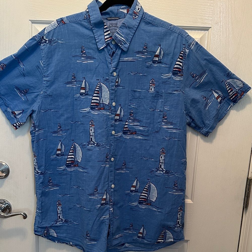 Izod Saltwater Short-Sleeve Button-Down Shirt Sailboat & Lighthouse Print XL